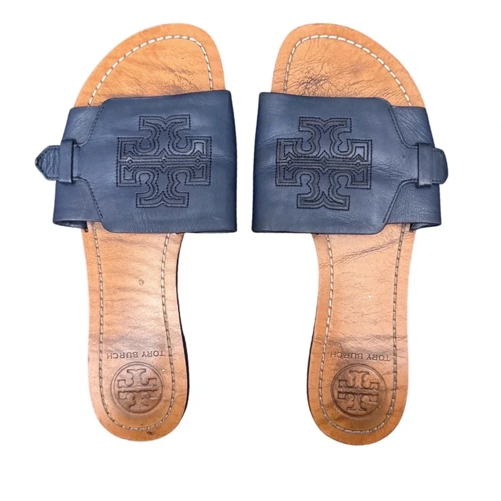 Tory Burch Melinda Slides Navy Blue Size 7.5 Flat Summer Leather Sandals